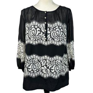 St. John Black Lace Overlay Silk Pearl Button Blouse Women's Size 6
